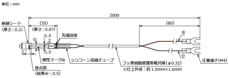 リード付　シート状　熱電対　サーモカップルシート